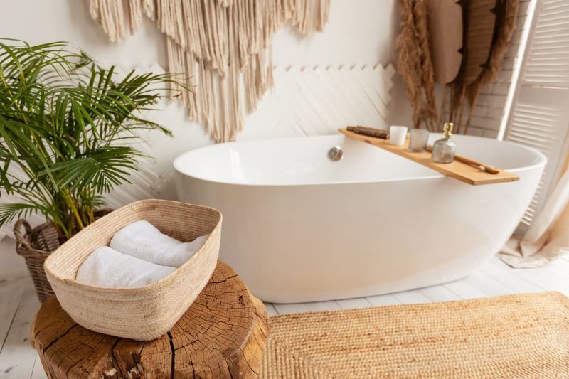 Bathtub in the bathroom with wooden floor